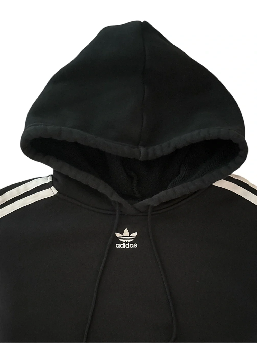 adidas Black Crop Hoodie with White Sleeve Stripes